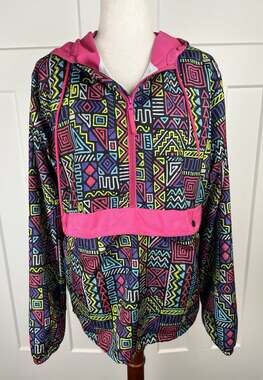 Black Jack 1999 USA Neon Geometric Print Hooded Windbreaker Pullover M Retro